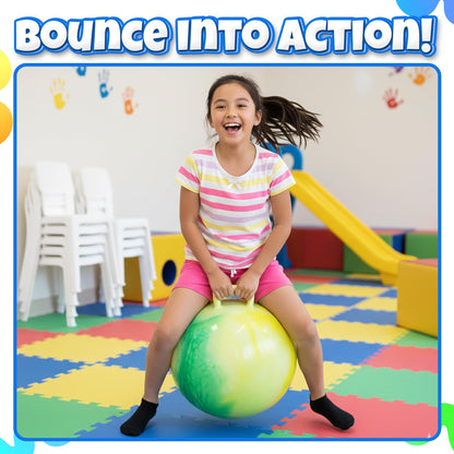 Bedwina Hopper Ball with Handle for Kids 22-inch (55cm) Bouncy Balls for Kids, Jumping Kangaroo Hippity Hop, Hopping Sit and Spin with Handle with Hand Pump, Marble Green & Yellow