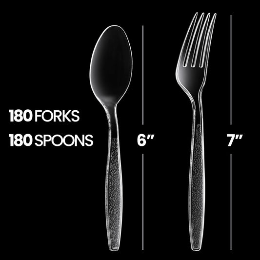 Plastic Forks and Spoons Set - (Bulk Pack 360 Pcs) Clear Plastic Cutlery Utensils Heavy Duty, 180 Forks and 180 Spoons, Silverware Sets for Party Supplies, Dinners, Take-Out, Catering, Food Services