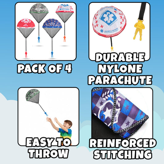 KiddieLoot Parachute Toys for Kids - (Pack of 4) Police, Army, Firefighter & EMT Figures w/Tangle-Free Parachutes - Outdoor Flying Toys for Kids, Party Favors, Birthday Gifts for Boys & Girls Ages 3+