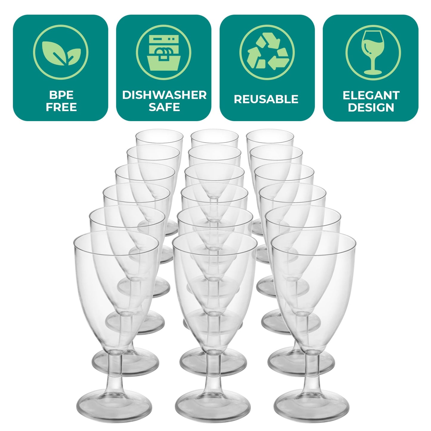JoyServe 24 Plastic Wine Glasses Disposable - 7 Oz Clear BPA-Free Plastic Glasses with Stem, Reusable Party Wine Cups for Outdoor Parties, Weddings, Toasts, Drinks, Catering (Bulk Pack of 24)