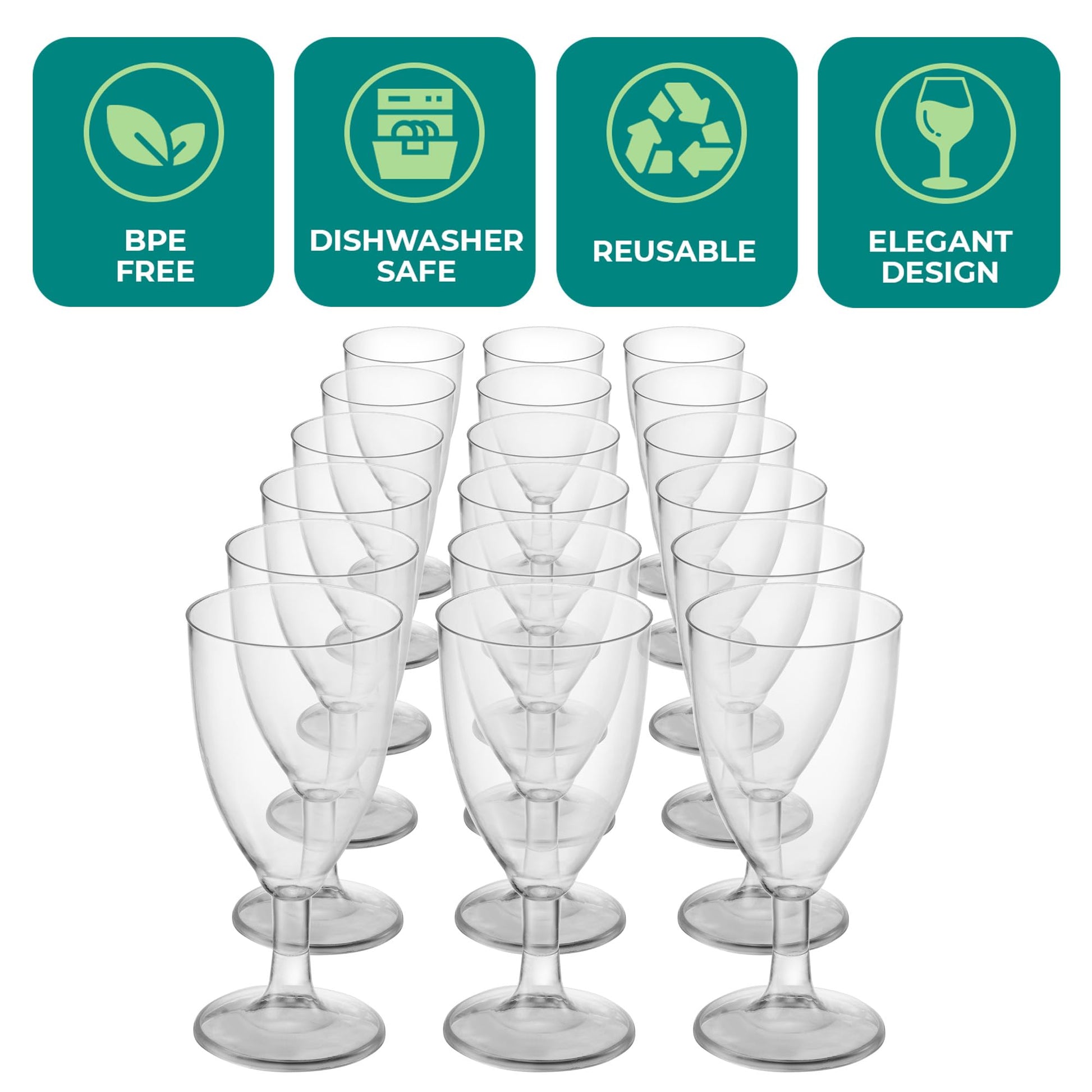 JoyServe 24 Plastic Wine Glasses Disposable - 7 Oz Clear BPA-Free Plastic Glasses with Stem, Reusable Party Wine Cups for Outdoor Parties, Weddings, Toasts, Drinks, Catering (Bulk Pack of 24)