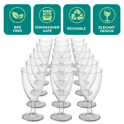 JoyServe 24 Plastic Wine Glasses Disposable - 7 Oz Clear BPA-Free Plastic Glasses with Stem, Reusable Party Wine Cups for Outdoor Parties, Weddings, Toasts, Drinks, Catering (Bulk Pack of 24)