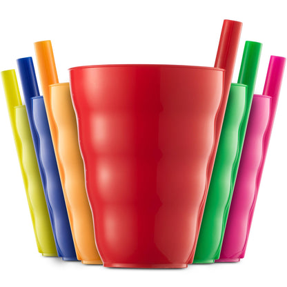 Kids Straw Cups for Kids - (Set of 18) 10oz Tumbler w/ Built-In Straws for Everyday Use, Stackable BPA-Free Plastic Sip-A-Cup Drink Tumblers for Water, Juice, Milk, Dishwasher Safe, Neon Colors