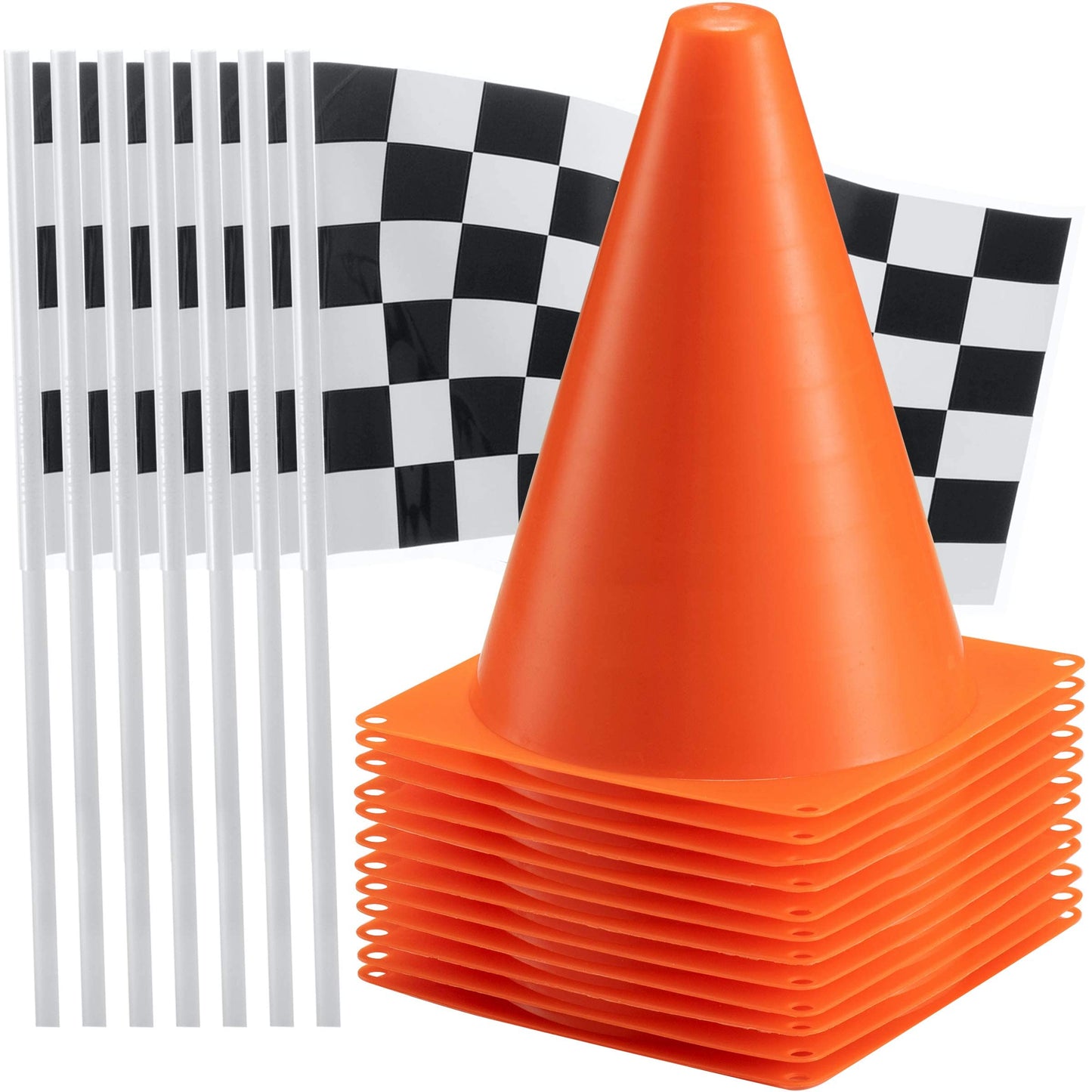 Bedwina Race Car Birthday Party Decorations - (36 Pcs) 12 - 8-Inch Orange Mini Cones for Kids & 24 Black & White Checkered Flags on Sticks - Race Car Themed Birthday Party Decor & Centerpiece Supplies