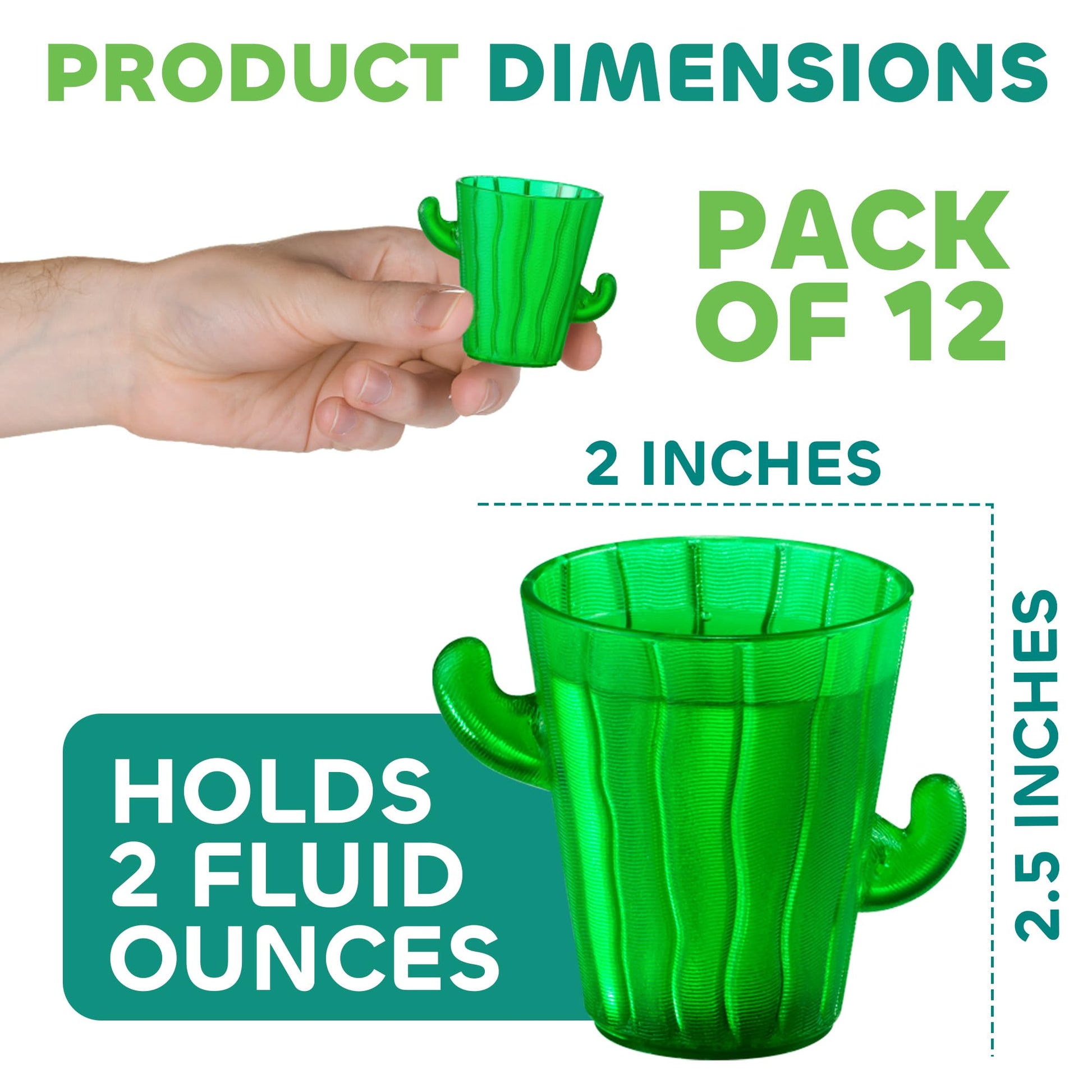 Cactus Plastic Shot Glasses - (Pack of 12) 2-Oz Shot Glasses Funny Cute Novelty Set for Bachelorette, Western, Cinco de Mayo, Tequila, Fiesta Themed Party Supplies, BPA-Free, Dishwasher-Safe, Green