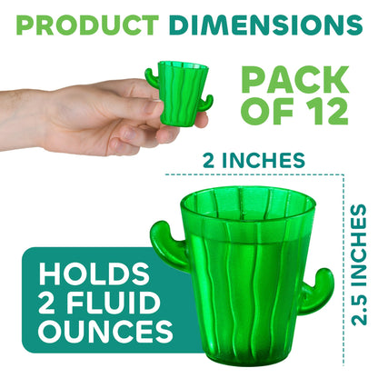 Cactus Plastic Shot Glasses - (Pack of 12) 2-Oz Shot Glasses Funny Cute Novelty Set for Bachelorette, Western, Cinco de Mayo, Tequila, Fiesta Themed Party Supplies, BPA-Free, Dishwasher-Safe, Green