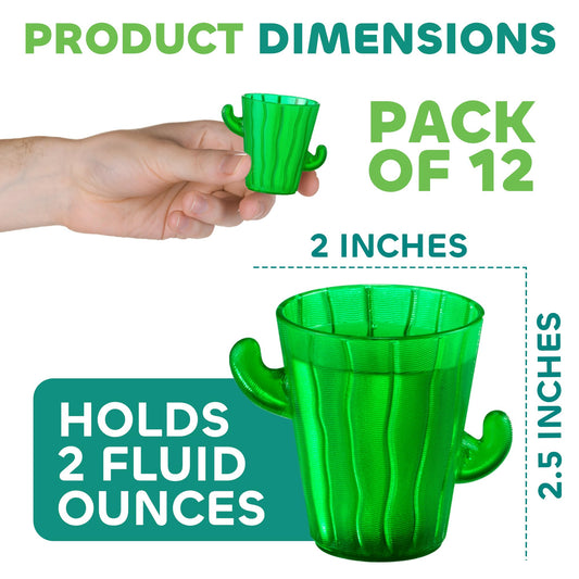 Cactus Plastic Shot Glasses - (Pack of 12) 2-Oz Shot Glasses Funny Cute Novelty Set for Bachelorette, Western, Cinco de Mayo, Tequila, Fiesta Themed Party Supplies, BPA-Free, Dishwasher-Safe, Green