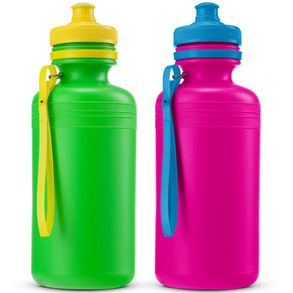 Bedwina Bulk Water Bottles For Kids - (Pack of 12) 18 Oz - 7.5 Inch BPA-Free Plastic with Pop-up Tops & Handles for Sports, Summer, Reusable Water Bottles Bulk For School