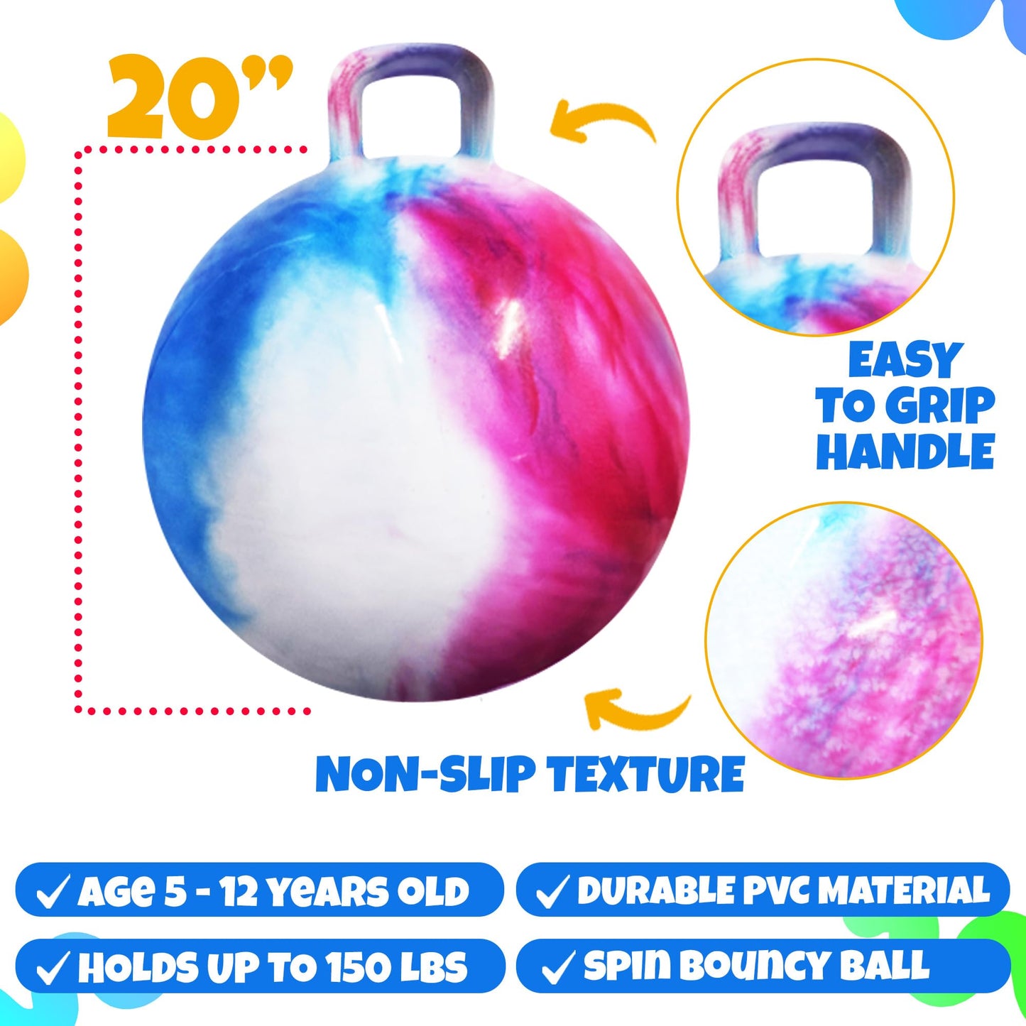 Bedwina Hopper Ball with Handle for Kids 20-inch (50cm) Bouncy Balls for Kids, Jumping Kangaroo Hippity Hop, Hopping Sit and Spin with Handle with Hand Pump, Marble Blue/Red/White