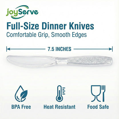 JoyServe Clear Plastic Knives Heavy Duty, Heat Resistant Party Utensils BPA-Free Heavy Duty Plastic Knives Disposable Silverware Cutlery, Catering Dinner Party Supplies - Bulk Knife Pack 1080