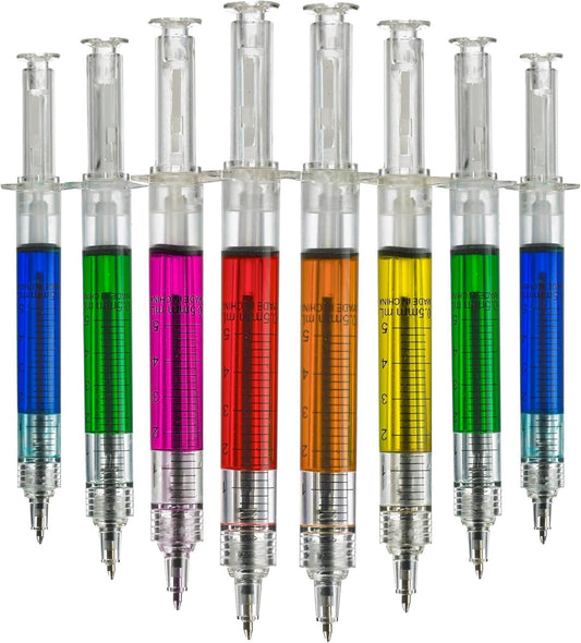 Bedwina Syringe Pens - (Bulk Pack of 24) Retractable Fun Multi Color Novelty Pen for Nurses, Nursing Student School Supplies, Birthdays, Stocking Stuffers and Toy Party Favor Gifts
