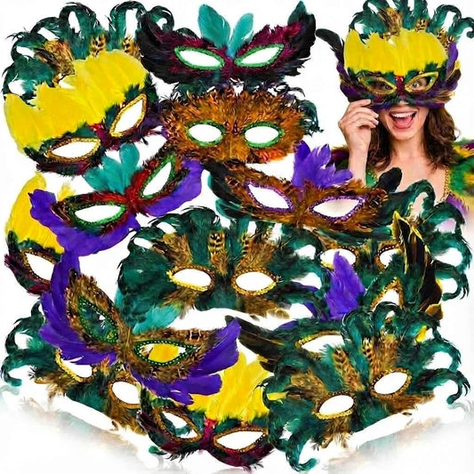 Bedwina Mardi Gras Masks - (Pack of 12) Bulk Carnival Masquerade Mask Costume Party Supplies, Feather Mardi Gras Decorations for Women, Men and Kids
