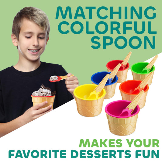 JoyServe Ice Cream Bowls and Spoons Set - (Pack of 12) Reusable Plastic Ice Cream Cups and Waffle Cone Shaped Spoons for Dessert, Frozen Yogurt, Gelato, Birthday Party Decorations