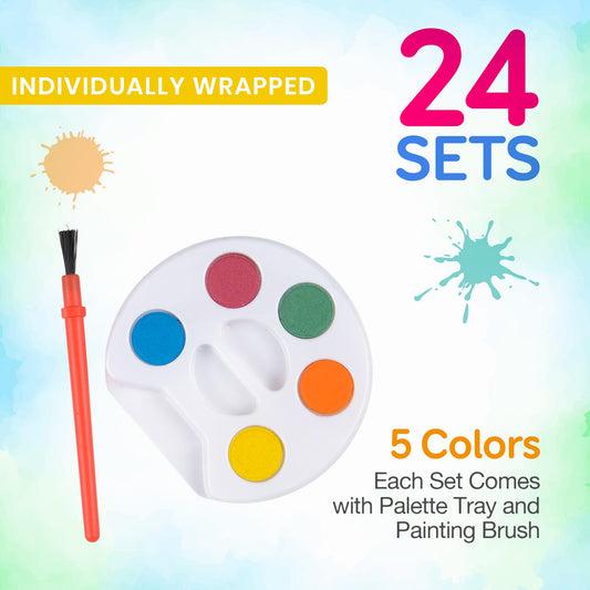 Bedwina Mini Watercolor Kids Paint Set - (Bulk Pack of 24) - 5 Watercolor Paints, Palette Tray and Painting Brush, for Art Party Favors and Paint Party Supplies