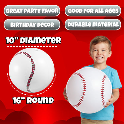 Inflatable Baseball Beach Balls (6 Pack) - 16-Inch Durable PVC Blow Up Beach Balls for Kids, Easy to Inflate, Outdoor Summer Pool Toys, Baseball Party Favors, Sports Theme Decorations, & Giveaways