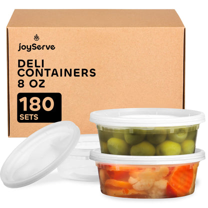 JoyServe Deli Food Containers with Lids - 8 oz 180 Sets- Ideal for Food, Snacks, Takeout, Meal Prep - 1 Cup Small Durable Clear Containers for Food - Stackable and Durable, Dishwasher & Microwave Safe