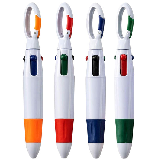 Bedwina Retractable Shuttle Pens with Carabiner Clip - Pack of 4 Bulk Mini 4-in-1 Multi-Colored Ink Ballpoint Pens with Keychain for Adults, Kids, Nurses, School, Stocking Stuffer Gifts, Party Favors