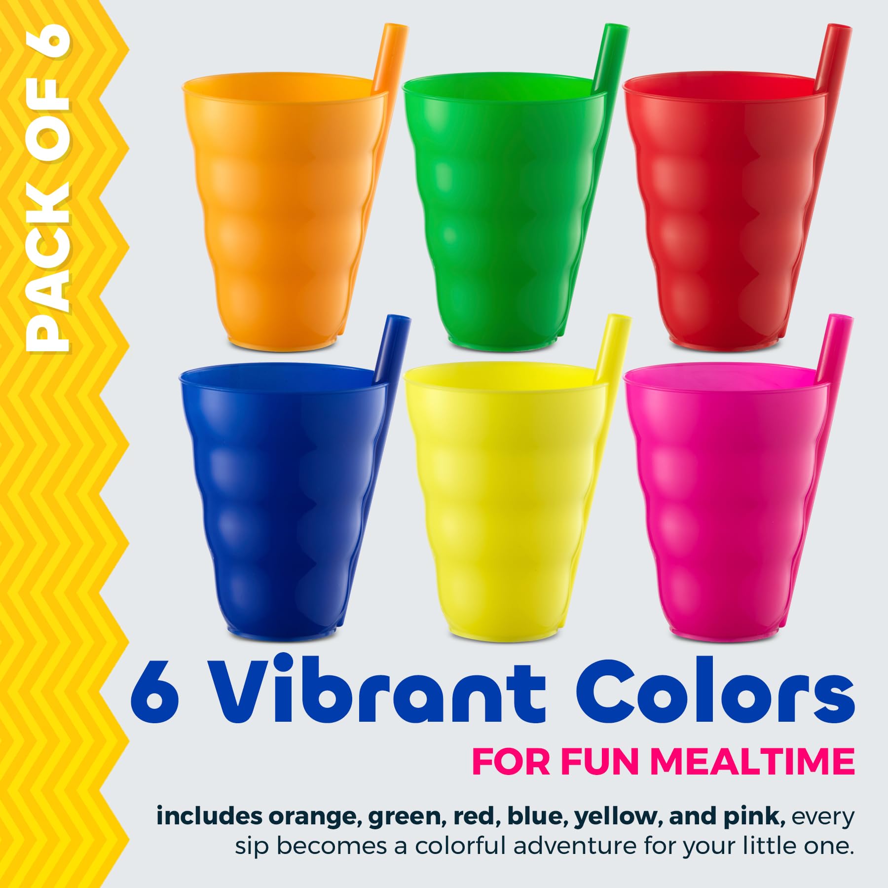 JoyServe Kids Cups - (Set of 6) - 10oz Toddler Cups with Straws for Kids - Stackable BPA-Free Plastic Sip-A-Cup Drink Tumblers for Water, Juice, Milk - Dishwasher Safe, Everyday Use, Neon Colors