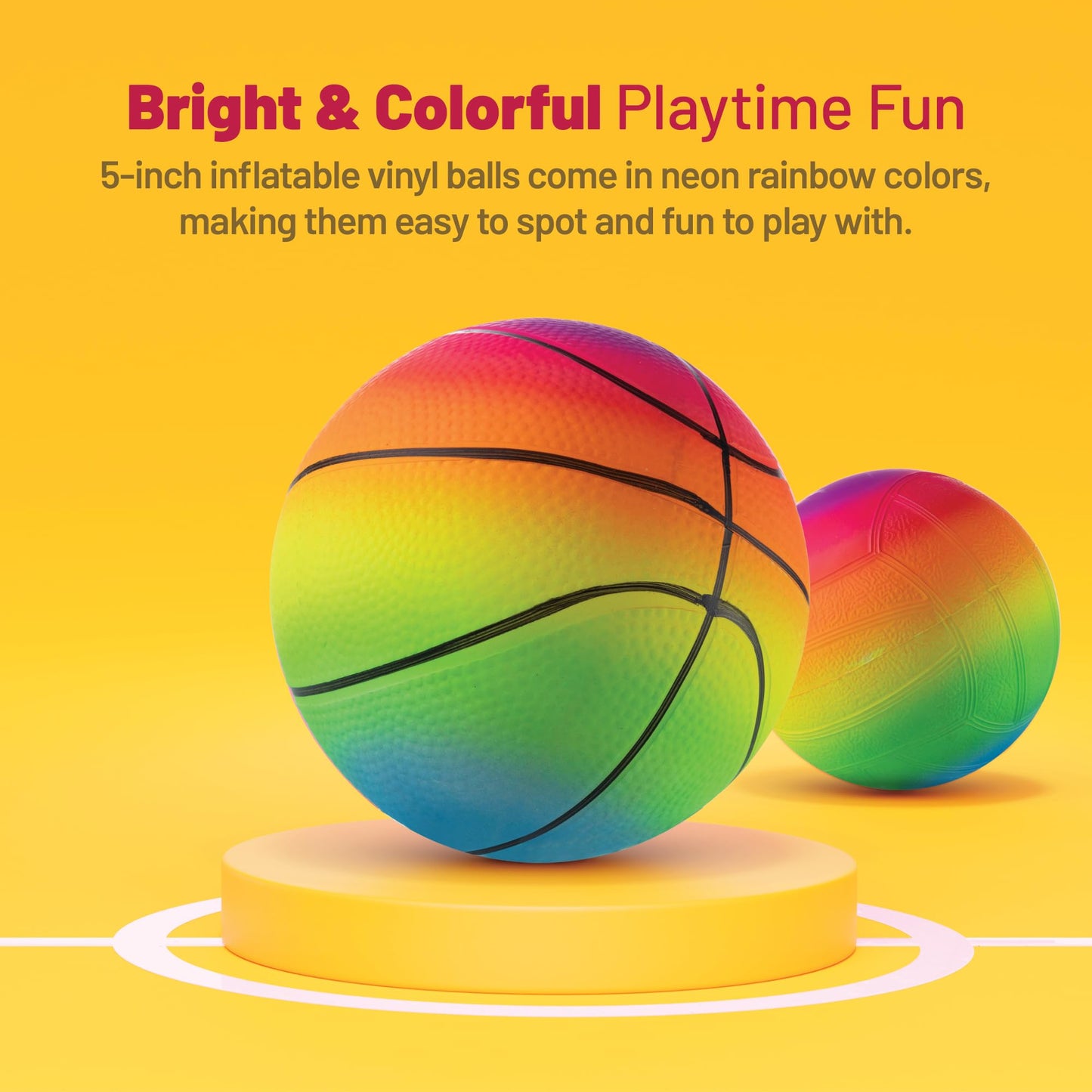 Bedwina Mini Rainbow Sports Balls - 5 Inch (Pack of 4) Inflatable Vinyl Balls for Kids and Toddlers with Hand Air Pump, Basketball, Volleyball, Soccer for Playground, Indoor and Outdoor
