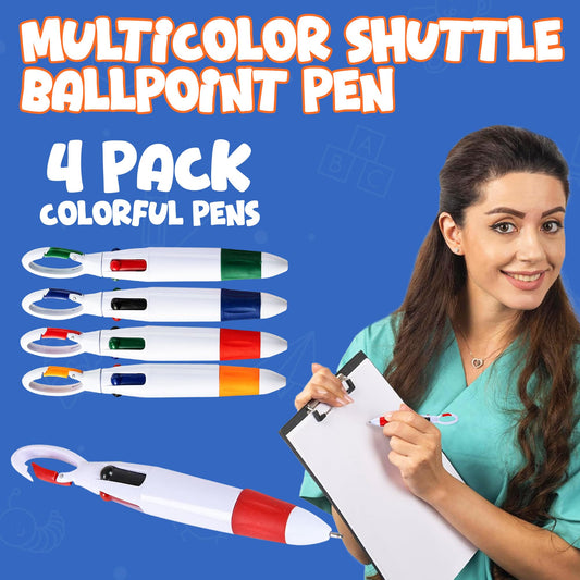 Bedwina Retractable Shuttle Pens with Carabiner Clip - Pack of 4 Bulk Mini 4-in-1 Multi-Colored Ink Ballpoint Pens with Keychain for Adults, Kids, Nurses, School, Stocking Stuffer Gifts, Party Favors