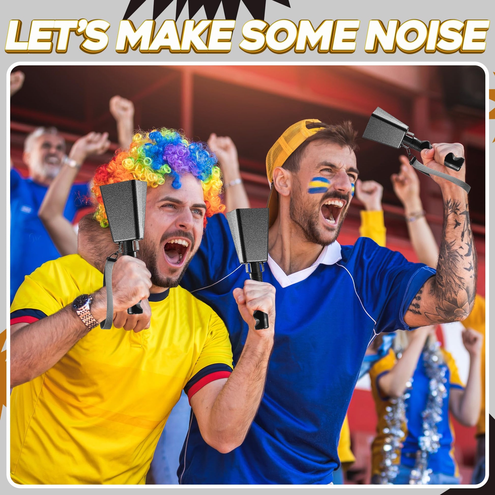 9" Metal Cowbells with Handle - (2 Pack) Cow Bells Loud Cheering Noise Makers for Sporting Events, Football Games, School Spirit, Rallies & Celebrations - Black Steel Percussion Music Instrument