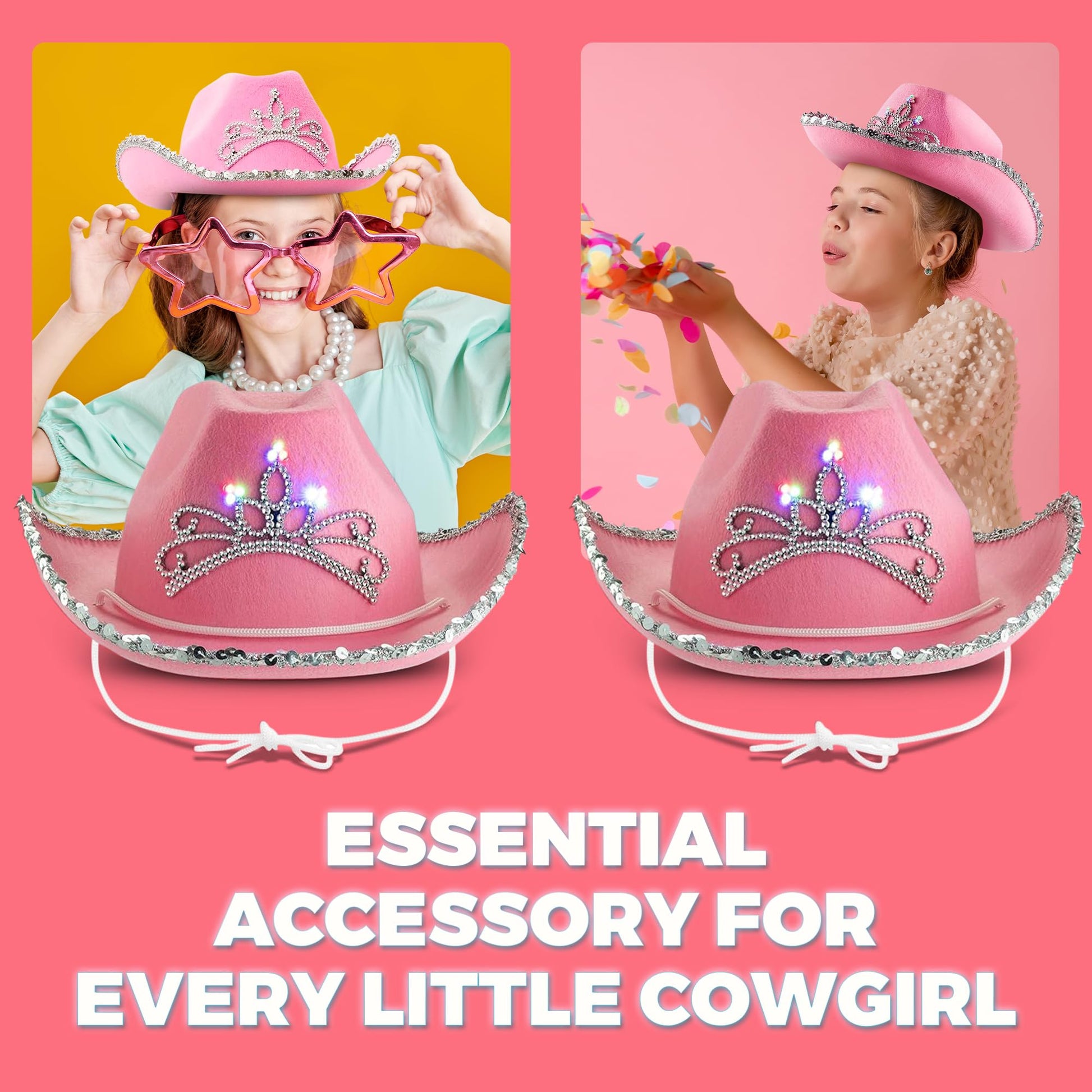 Bedwina Light Up Pink Cowgirl Hat for Girls - (Pack of 2) Kids Cowboy Hat with Blinking Tiara Sequin Trim Fringe and Drawstring, Felt Girls Pink Cowboy Hat Costume Party Accessory, Dress-Up, 6x7-Inch