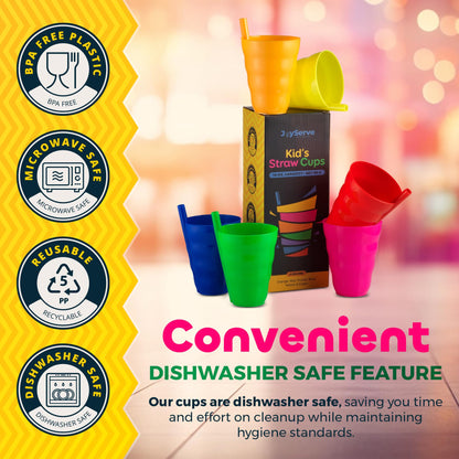 JoyServe Kids Cups - (Set of 6) - 10oz Toddler Cups with Straws for Kids - Stackable BPA-Free Plastic Sip-A-Cup Drink Tumblers for Water, Juice, Milk - Dishwasher Safe, Everyday Use, Neon Colors