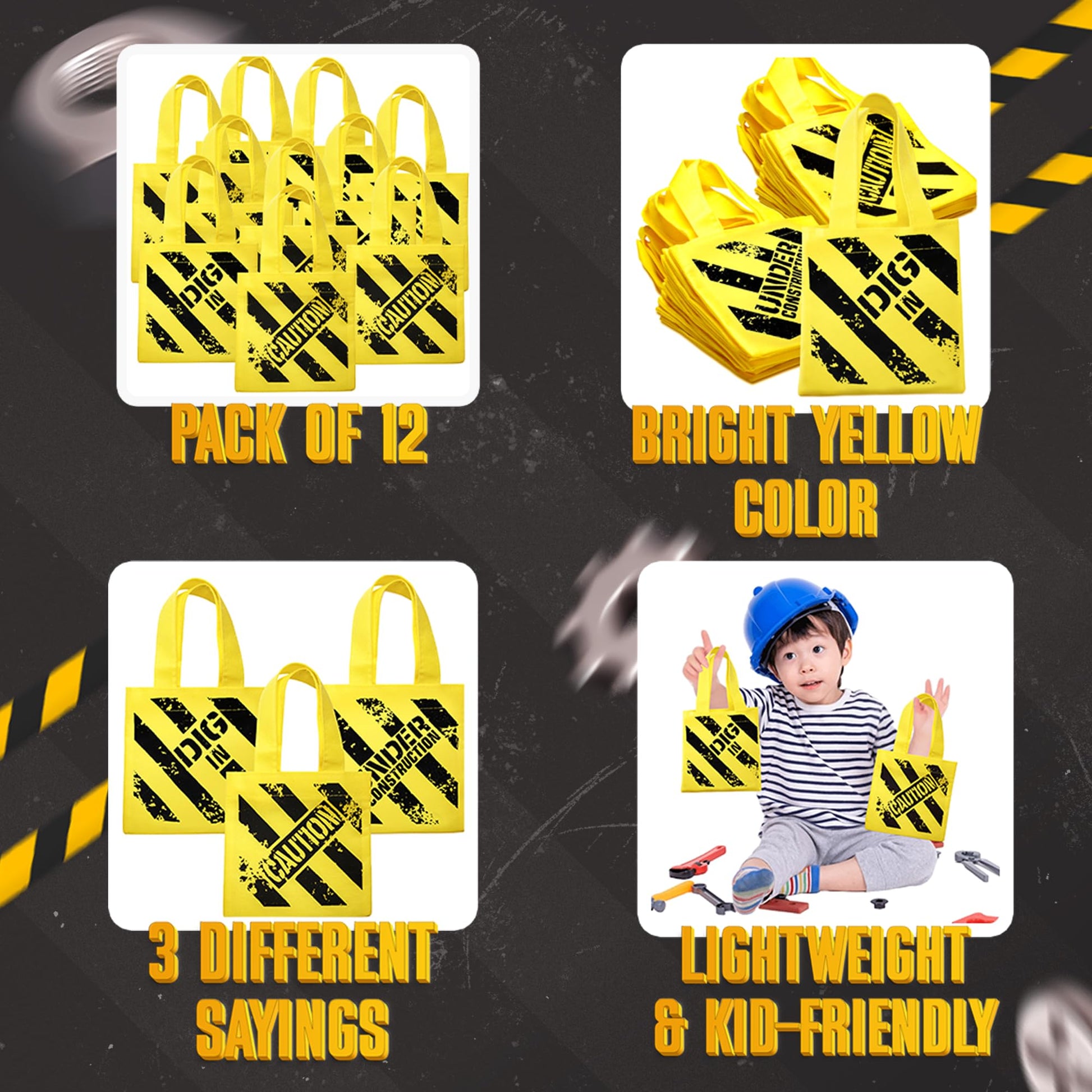 Bedwina Construction Birthday Party Supplies 12 Under Construction Party Decorations Themed Mini Non-Woven Canvas Tote Gift Bags with Handles for Kids and Goodie Bags for Boys
