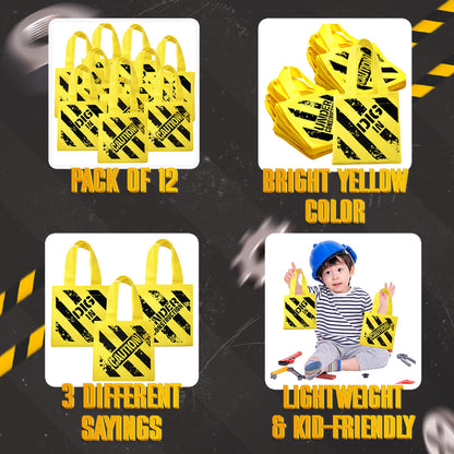 Bedwina Construction Birthday Party Supplies 12 Under Construction Party Decorations Themed Mini Non-Woven Canvas Tote Gift Bags with Handles for Kids and Goodie Bags for Boys