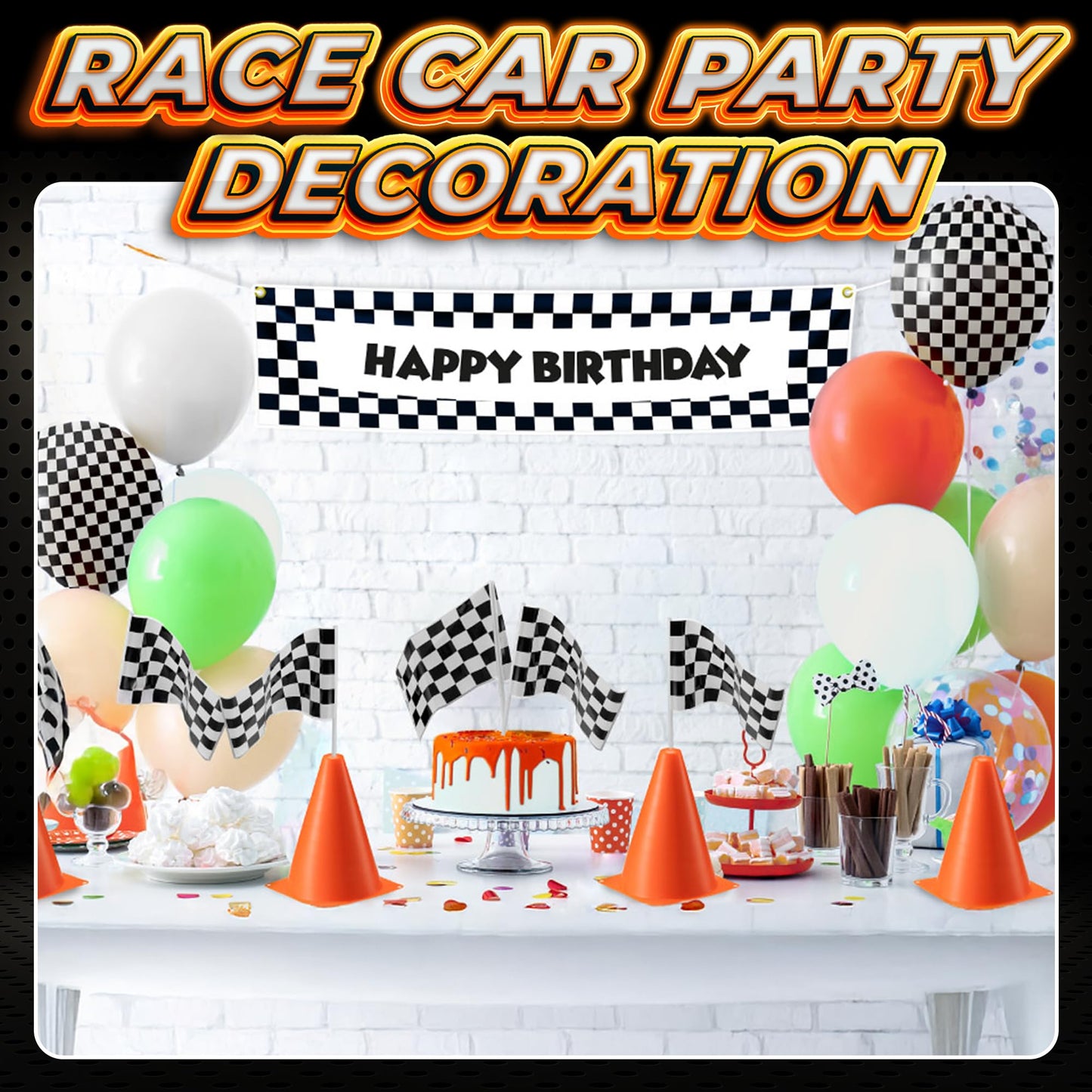 Bedwina Race Car Birthday Party Decorations - (36 Pcs) 12 - 8-Inch Orange Mini Cones for Kids & 24 Black & White Checkered Flags on Sticks - Race Car Themed Birthday Party Decor & Centerpiece Supplies