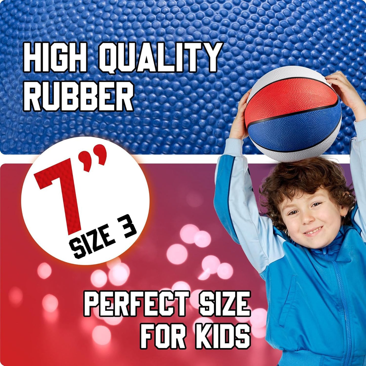 Bedwina Rubber Mini Basketball - 7 Inch, Size 3 - Mini Hoop Outdoor Kids Basketball Set for Small Hoops Indoor & Outdoor Pool Parties - Kid Birthday Gifts, Arcade Games, Red White & Blue (1-Pack)