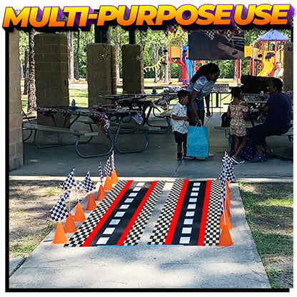 Racing Cars Birthday Decorations - Racecar Centerpiece Decoration Kit for Kids - (12) Orange Traffic Cones, (24) Checkered Flags, Plastic Tablecloth (54"x108") Birthday Banner Race Car Theme (38pcs)
