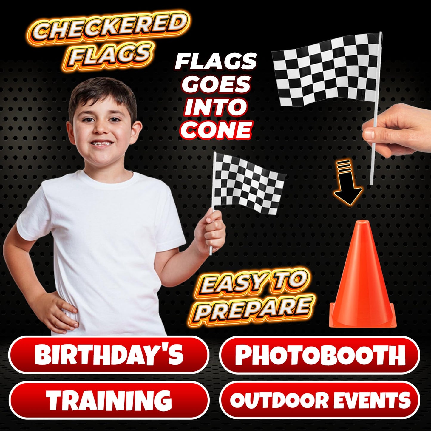 Bedwina Race Car Birthday Party Decorations - (36 Pcs) 12 - 8-Inch Orange Mini Cones for Kids & 24 Black & White Checkered Flags on Sticks - Race Car Themed Birthday Party Decor & Centerpiece Supplies