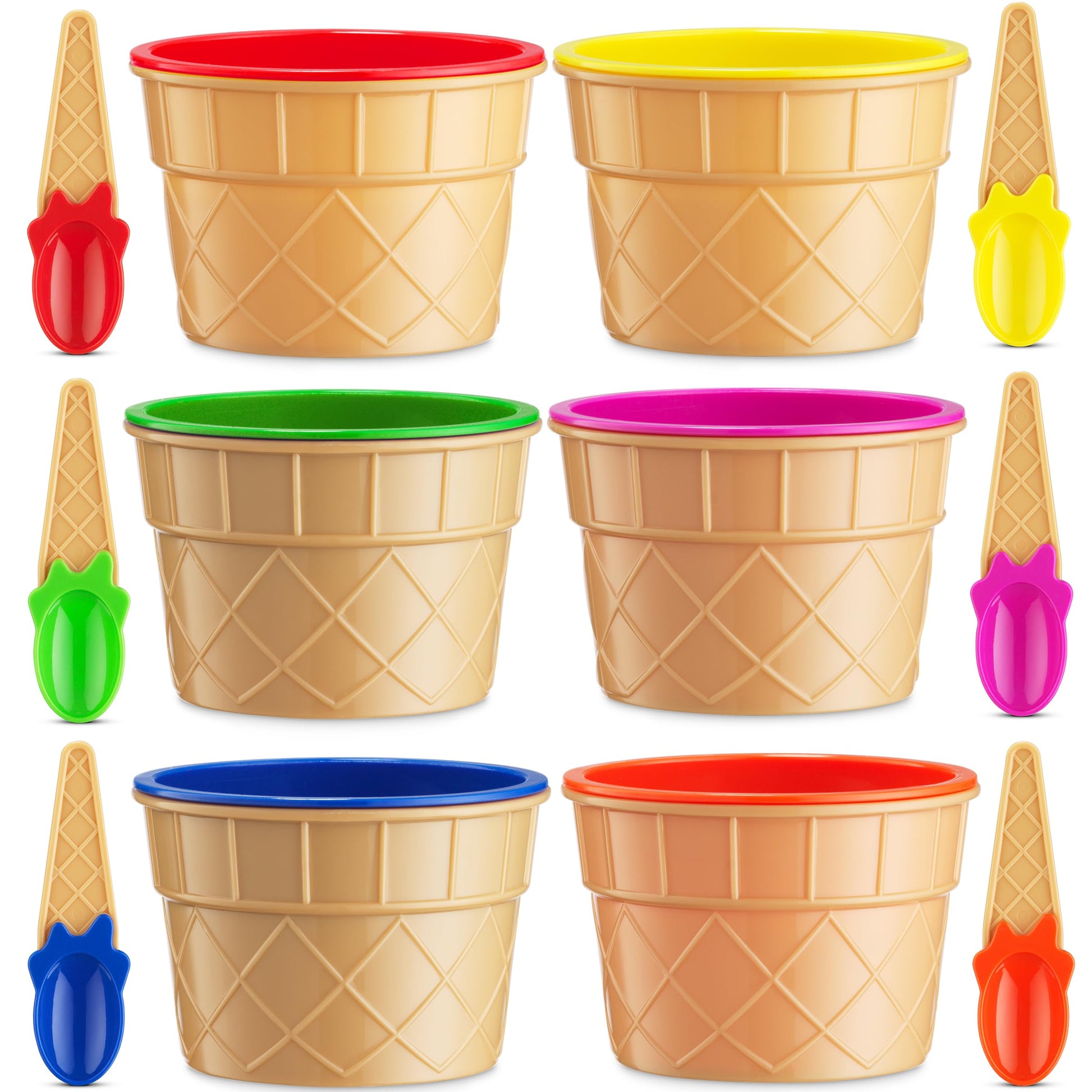 JoyServe Ice Cream Bowls and Spoons Set - (Pack of 6) Reusable Plastic Ice Cream Cups and Waffle Cone Shaped Spoons for Dessert, Frozen Yogurt, Gelato, Birthday Party Decorations