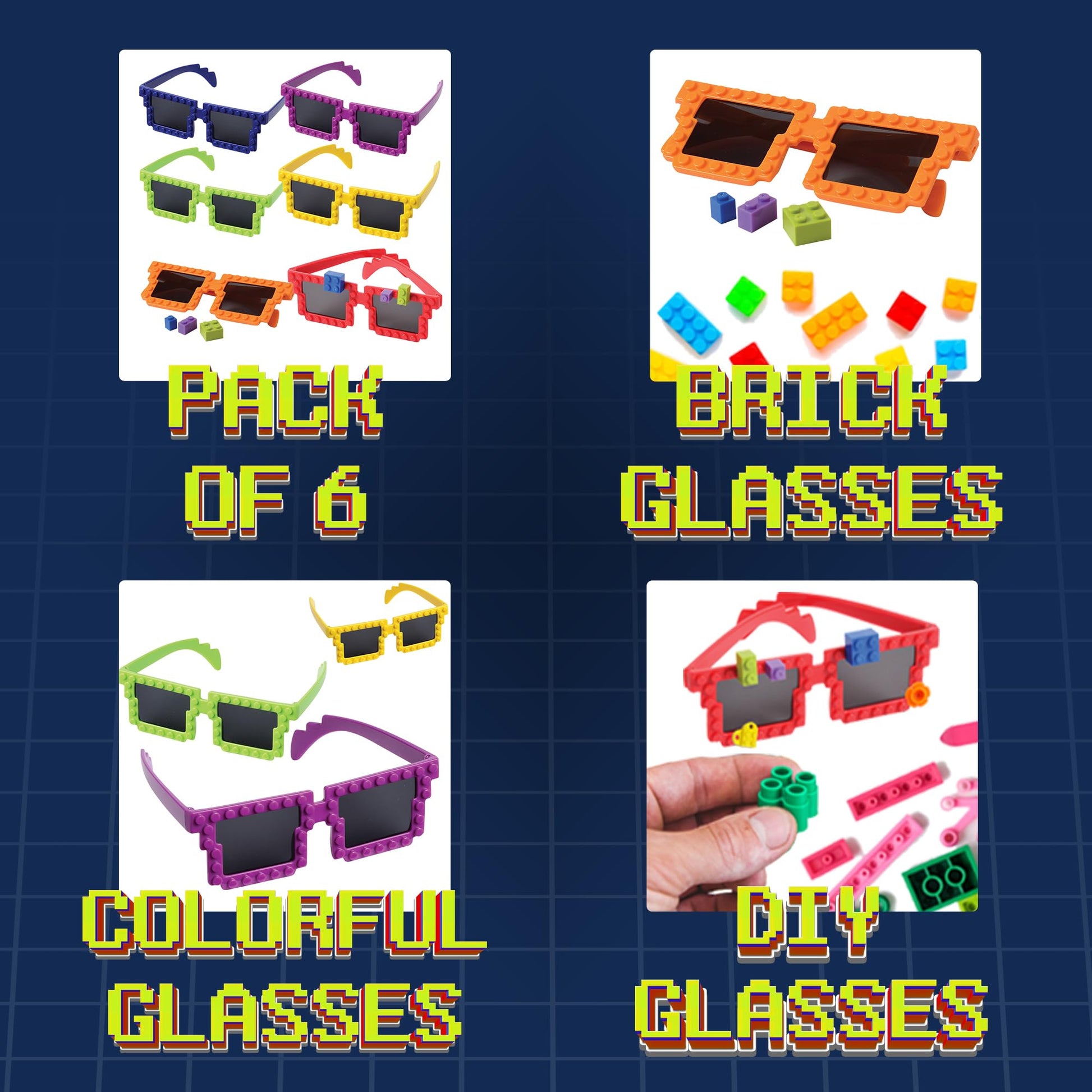 Bedwina Building Blocks Glasses - Pack of 6 - Block Mania Building Block Glasses with Extra Bricks for Carnival Supplies, Stocking Stuffers and Birthday Party Favors for Kids