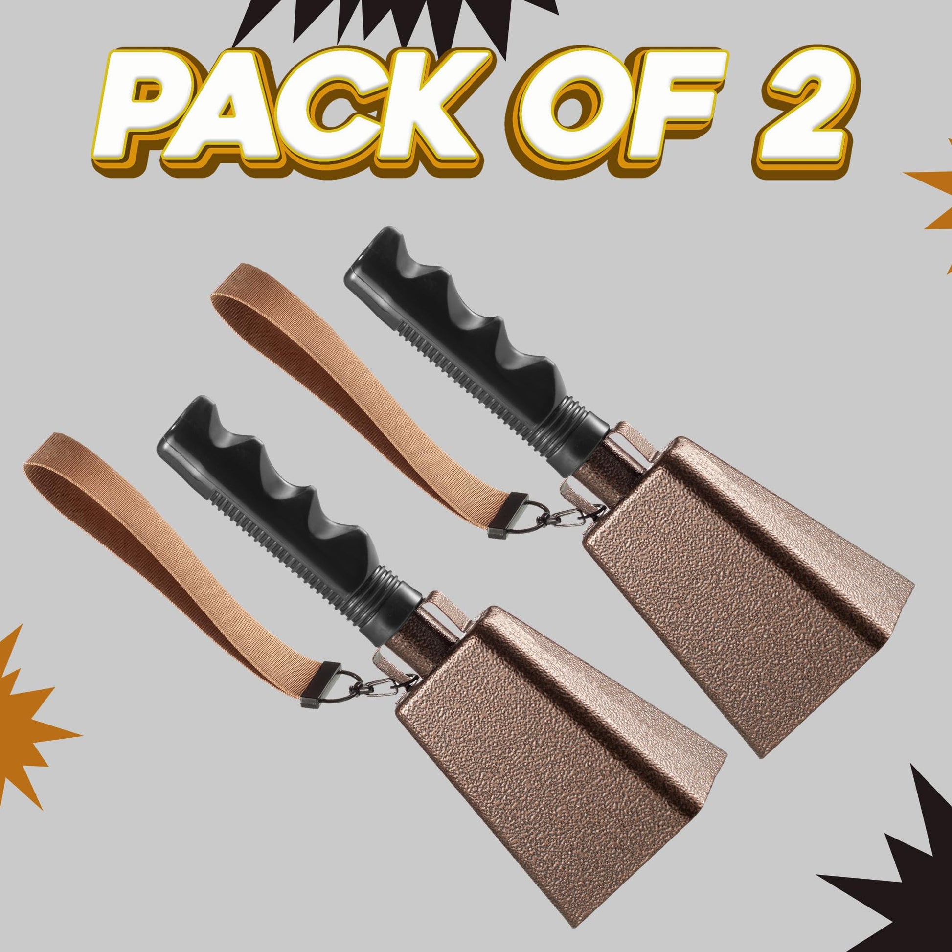 9" Metal Cowbells with Handle - (2 Pack) Cow Bells Loud Cheering Noise Makers for Sporting Events, Football Games, School Spirit, Rallies & Celebrations - Copper Steel Percussion Music Instrument
