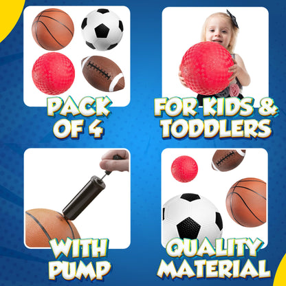 8.5” Sports Balls for Kids & Toddlers - (Pack of 4) Rubber Inflatable Multi-Sport Ball Set - Football, Soccer Ball, Basketball, Playground Ball & Pump - Birthday Gift Toys for Boys & Girls