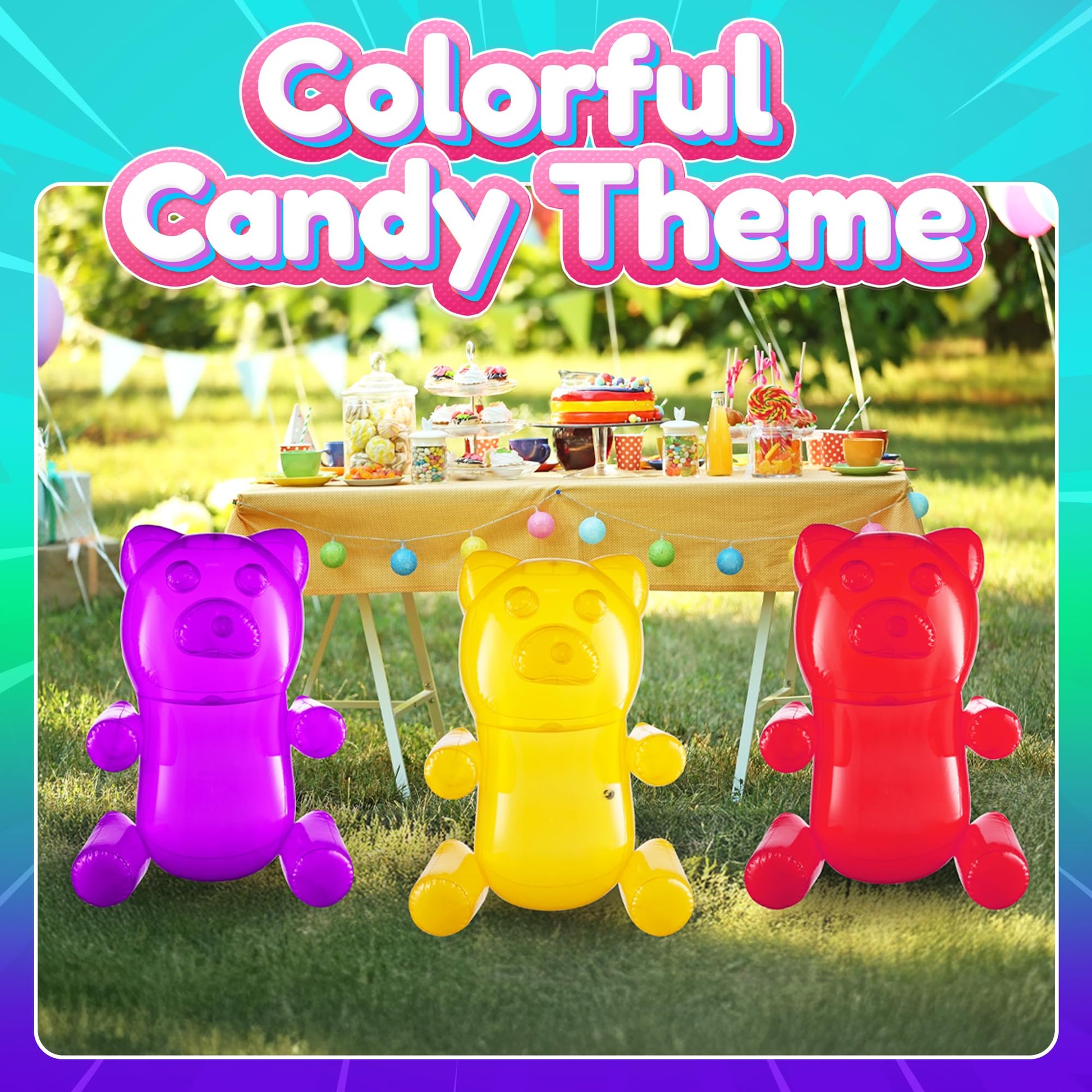 Bedwina 24" Inflatable Gummy Bears (Pack of 3) Big Huge Blow Up Gummy Bear Pool Toy Decorations, Birthday Party Supplies and Themed Candy Land Party Favors for Kids