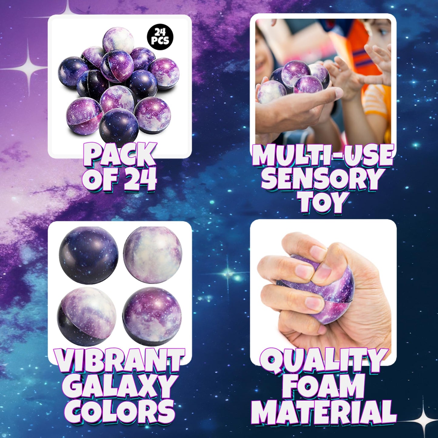 Galaxy Stress Balls for Kids - Pack of 24 Bulk - Squeeze Anxiety Fidget Sensory Balls for Children with Outer Space Theme, Toys for Party Favors and Birthday Party Supplies