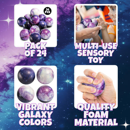 Galaxy Stress Balls for Kids - Pack of 24 Bulk - Squeeze Anxiety Fidget Sensory Balls for Children with Outer Space Theme, Toys for Party Favors and Birthday Party Supplies
