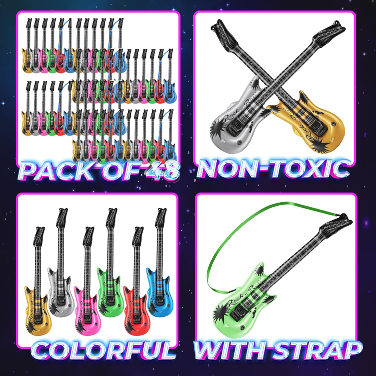 Bedwina Inflatable Guitars for Kids - (Pack of 48) 36-inch Neon Blow Up Guitar Instruments, Party Favors, Giveaways, DJ-Props, Photo-Booth, Birthdays, Rock Star, Rock and Roll Party Decorations
