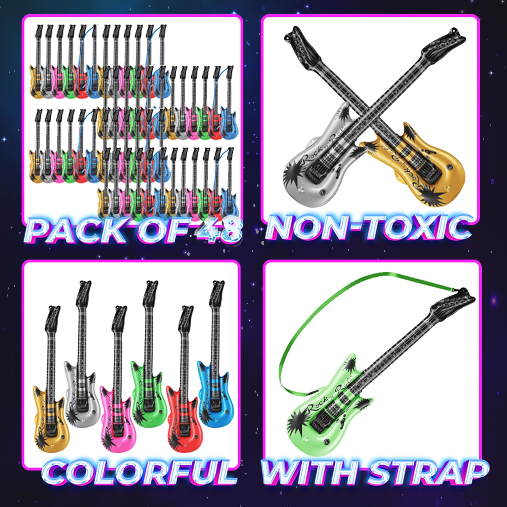 Bedwina Inflatable Guitars for Kids - (Pack of 48) 36-inch Neon Blow Up Guitar Instruments, Party Favors, Giveaways, DJ-Props, Photo-Booth, Birthdays, Rock Star, Rock and Roll Party Decorations