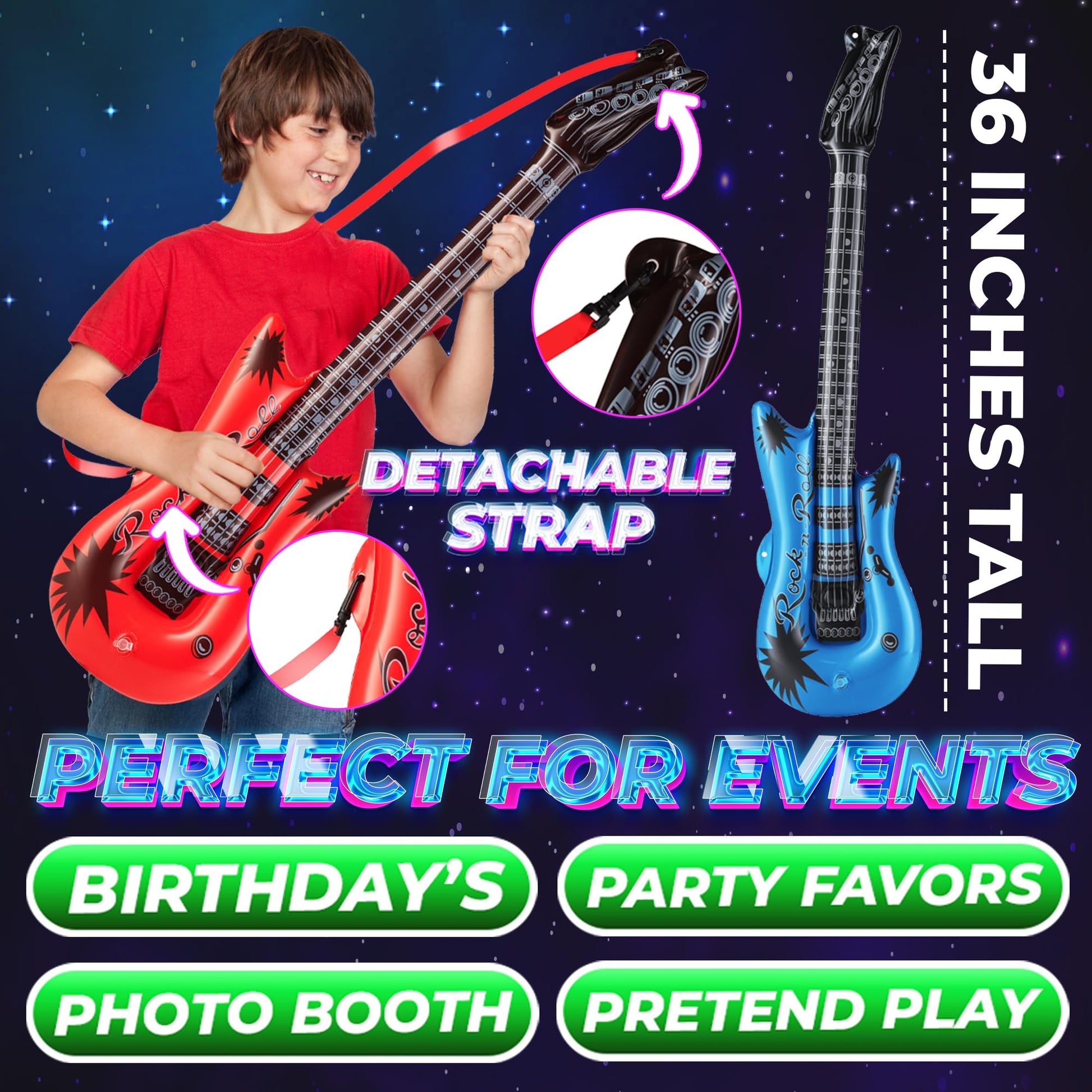 Bedwina Inflatable Guitars for Kids - (Pack of 48) 36-inch Neon Blow Up Guitar Instruments, Party Favors, Giveaways, DJ-Props, Photo-Booth, Birthdays, Rock Star, Rock and Roll Party Decorations