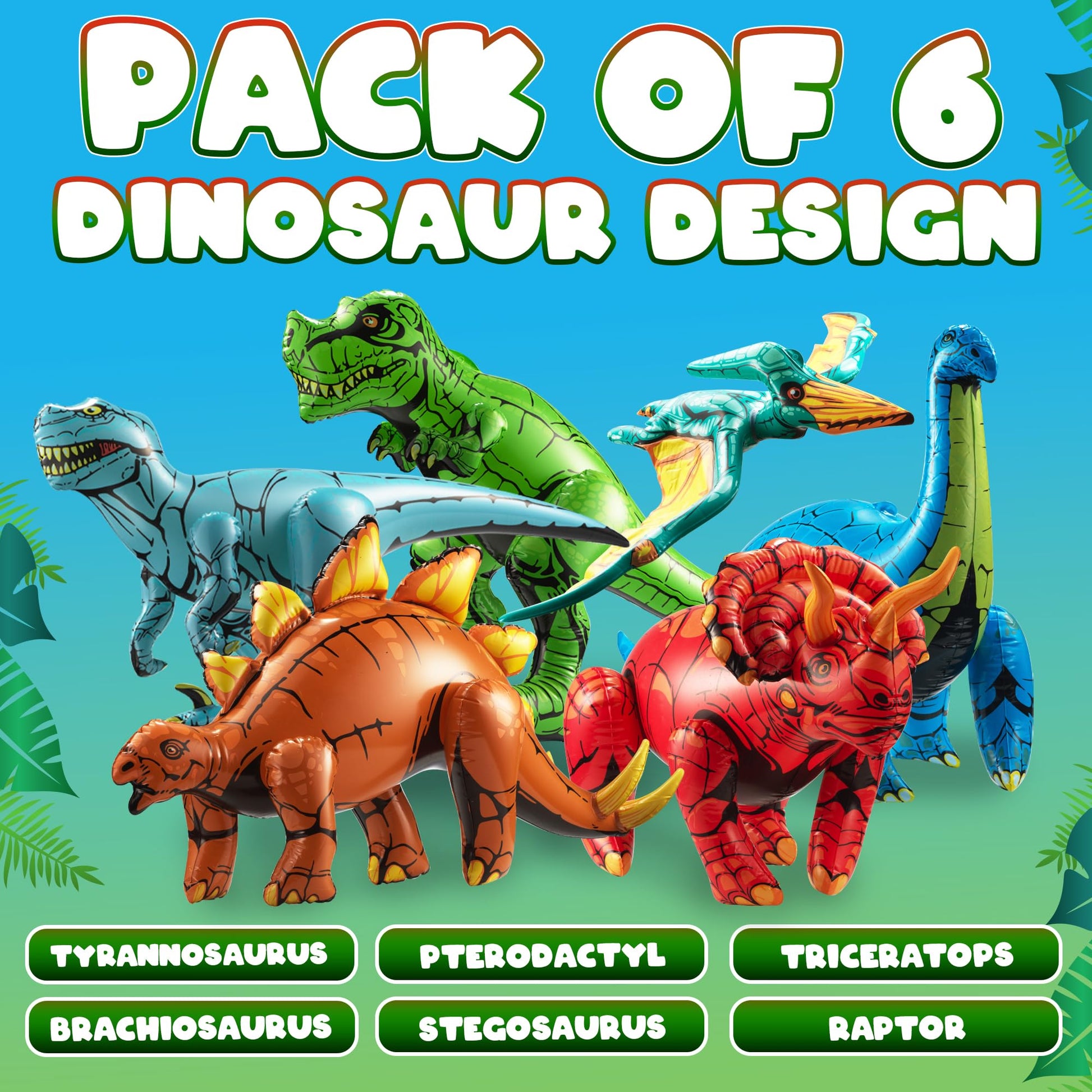 Bedwina Inflatable Dinosaur Toys for Kids (Pack of 6) Large Blow-Up Vinyl Dinosaur Balloons Self-Standing Birthday Decorations for Themed Jurassic Party Supplies Decor & Pool Floats for Boys & Girls