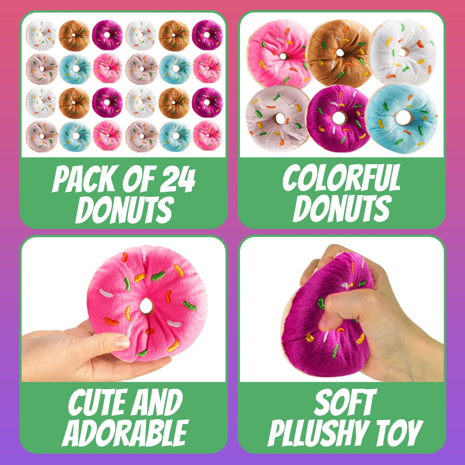 Bedwina Plush Donuts with Sprinkles - (Pack of 24) 1 Dozen Stuffed Donut Pillow Toy Party Favors, Donut Party Supplies Decorations and Stocking Stuffers for Kids
