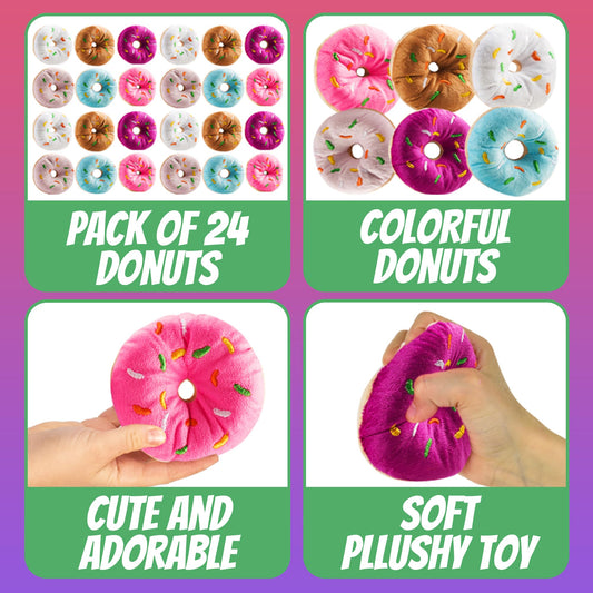 Bedwina Plush Donuts with Sprinkles - (Pack of 24) 1 Dozen Stuffed Donut Pillow Toy Party Favors, Donut Party Supplies Decorations and Stocking Stuffers for Kids