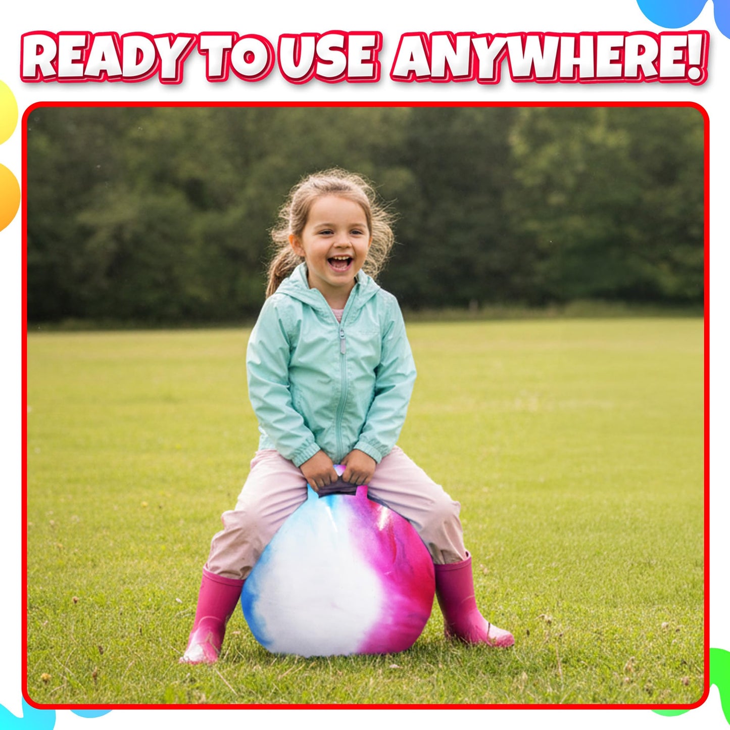 Bedwina Hopper Ball with Handle for Kids 18-inch (45cm) Bouncy Balls for Kids, Jumping Kangaroo Hippity Hop, Hopping Sit and Spin with Handle with Hand Pump, Marble Blue/Red/White
