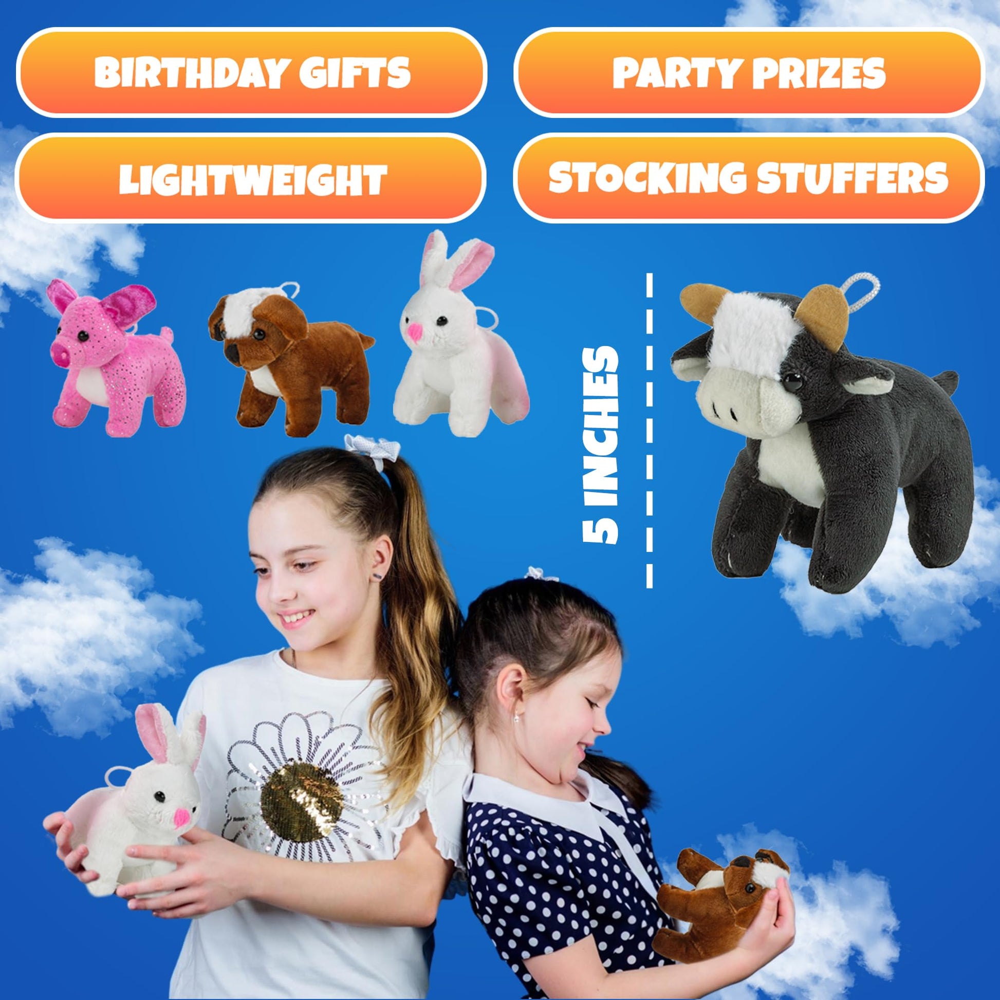Bedwina Plush Stuffed Animals - Farm Animal Toys - (Pack of 12 Bulk) 5 Inch Soft Cuddly Plushed Cow, Pig, Bunny Rabbit, Dog, Party Favors, Gifts, Prizes for Toddlers and Kids