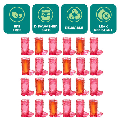 JoyServe 24 Mini Boot Shot Glasses, 1 oz Reusable and Disposable Pink Plastic Shot Cups, for Cowboy Cowgirl Themed Parties, Decorations, Bachelorette Party Favors, Pink