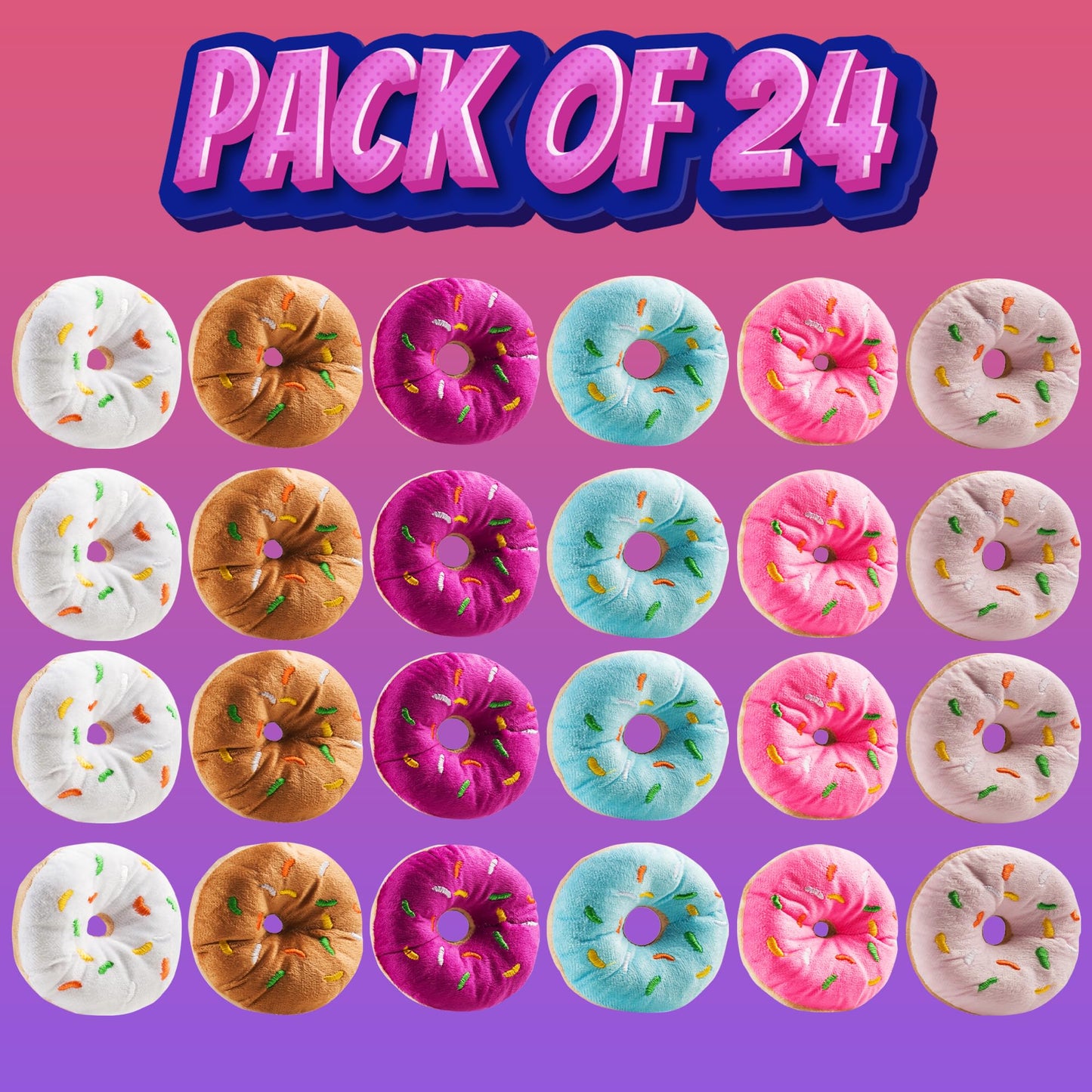 Bedwina Plush Donuts with Sprinkles - (Pack of 24) 1 Dozen Stuffed Donut Pillow Toy Party Favors, Donut Party Supplies Decorations and Stocking Stuffers for Kids